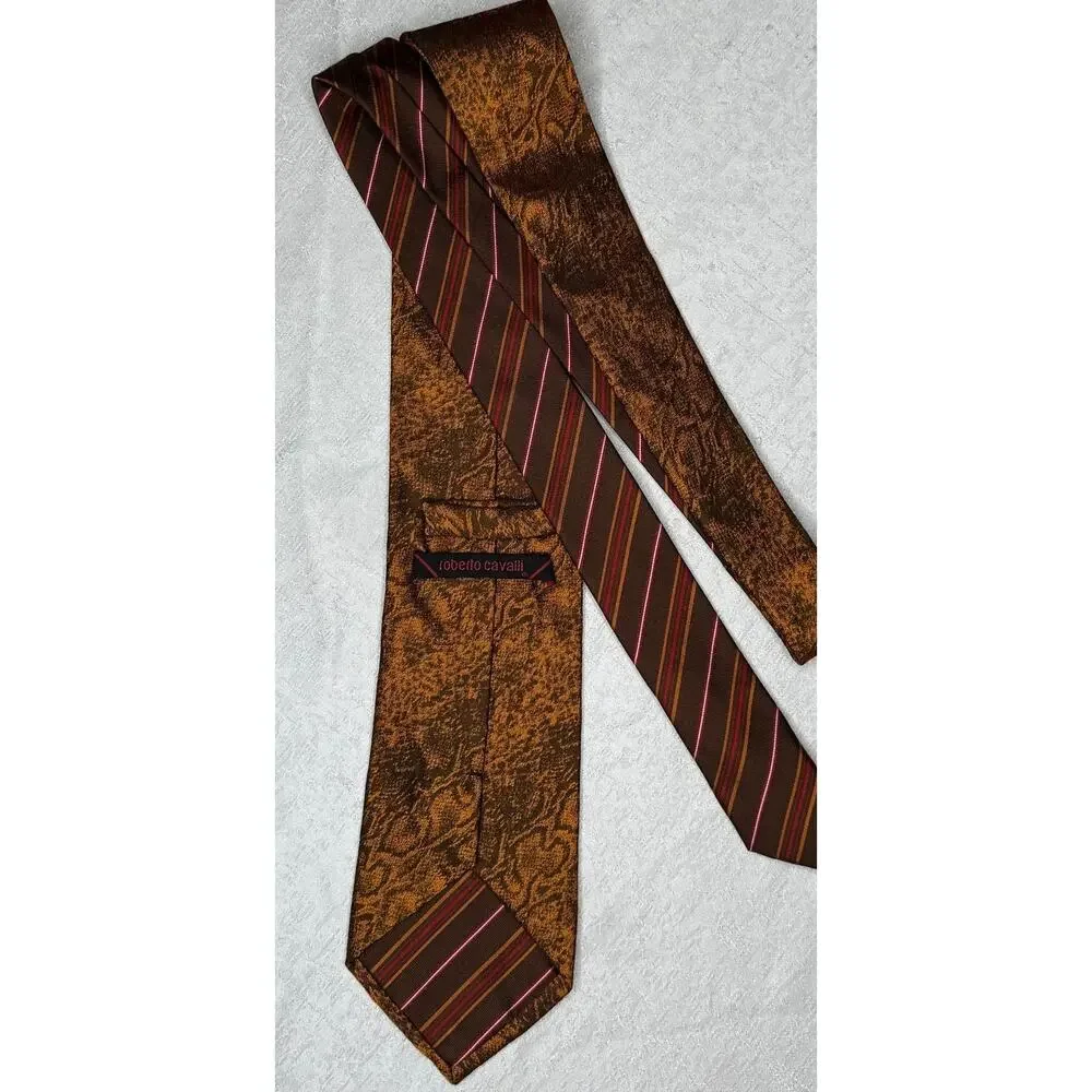Roberto Cavalli Silk Tie, Bronze Snakeskin Print, Vintage Y2K, Made in Italy